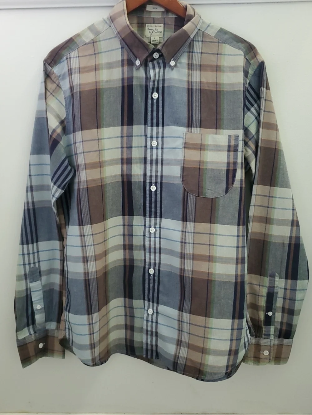 J. Crew Men's Indian Madras woven Plaid Button-Down Shirt Size Large Slim